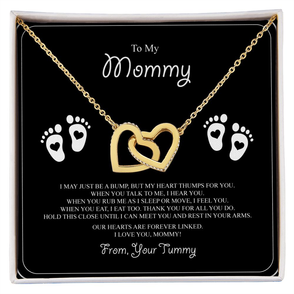 To My Mommy Interlocking Hearts Necklace - Baby Feet - From Tummy on Black&White Message Card- Gift for Expecting Mom