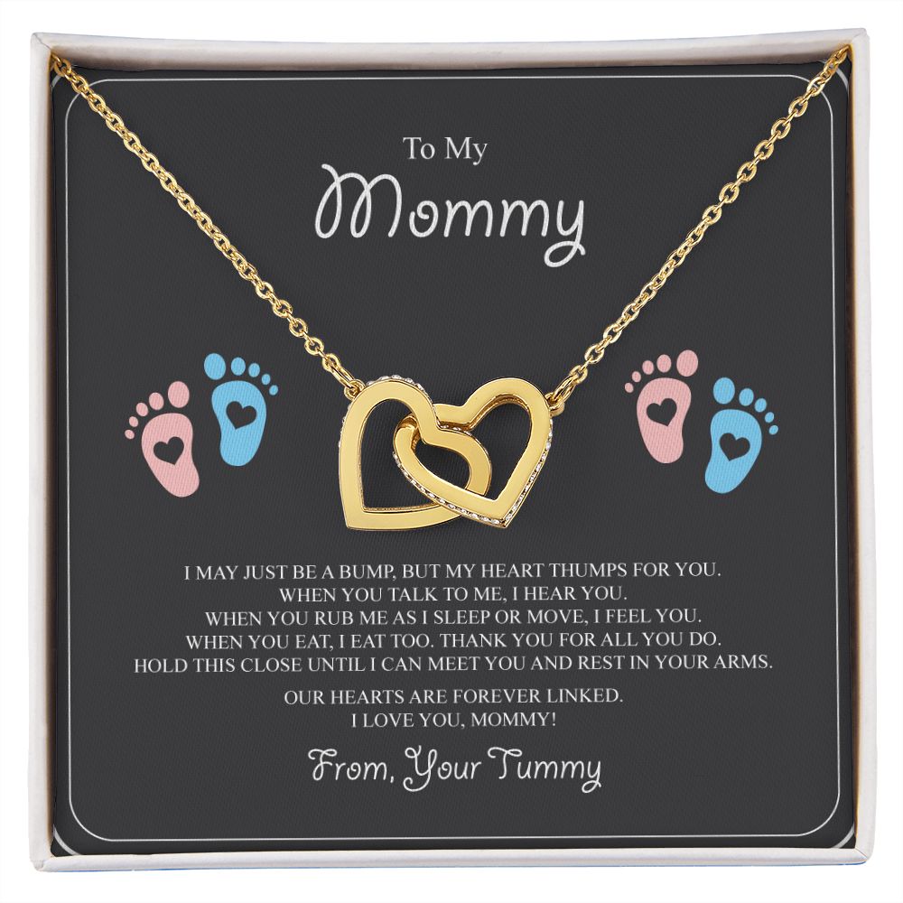 To My Mommy Interlocking Hearts Necklace - Pink and Blue Baby Feet - From Tummy - Gift for Expecting Mom
