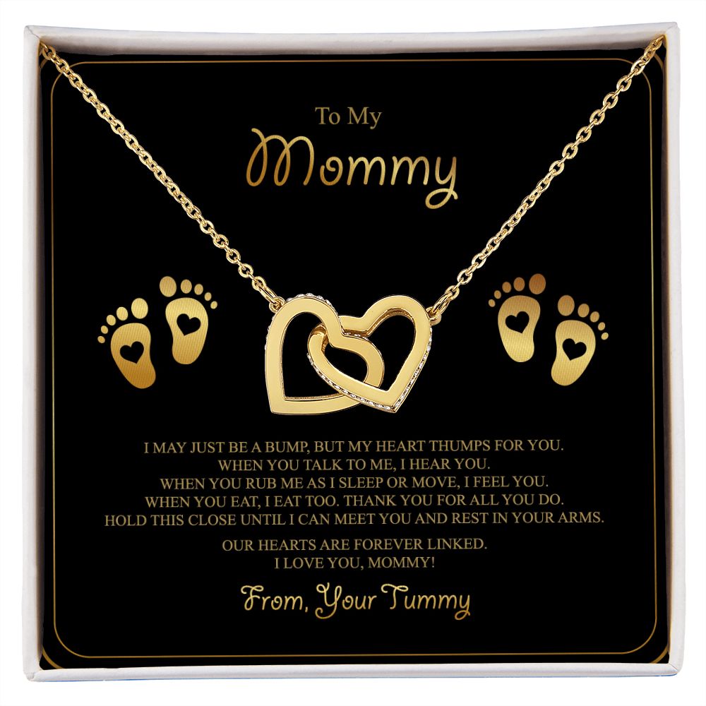 To My Mommy Interlocking Hearts Necklace - Baby Feet - From Tummy on Black&Gold Message Card- Gift for Expecting Mom