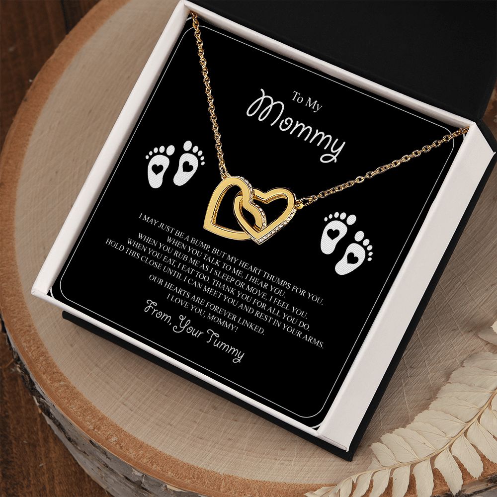 To My Mommy Interlocking Hearts Necklace - Baby Feet - From Tummy on Black&White Message Card- Gift for Expecting Mom