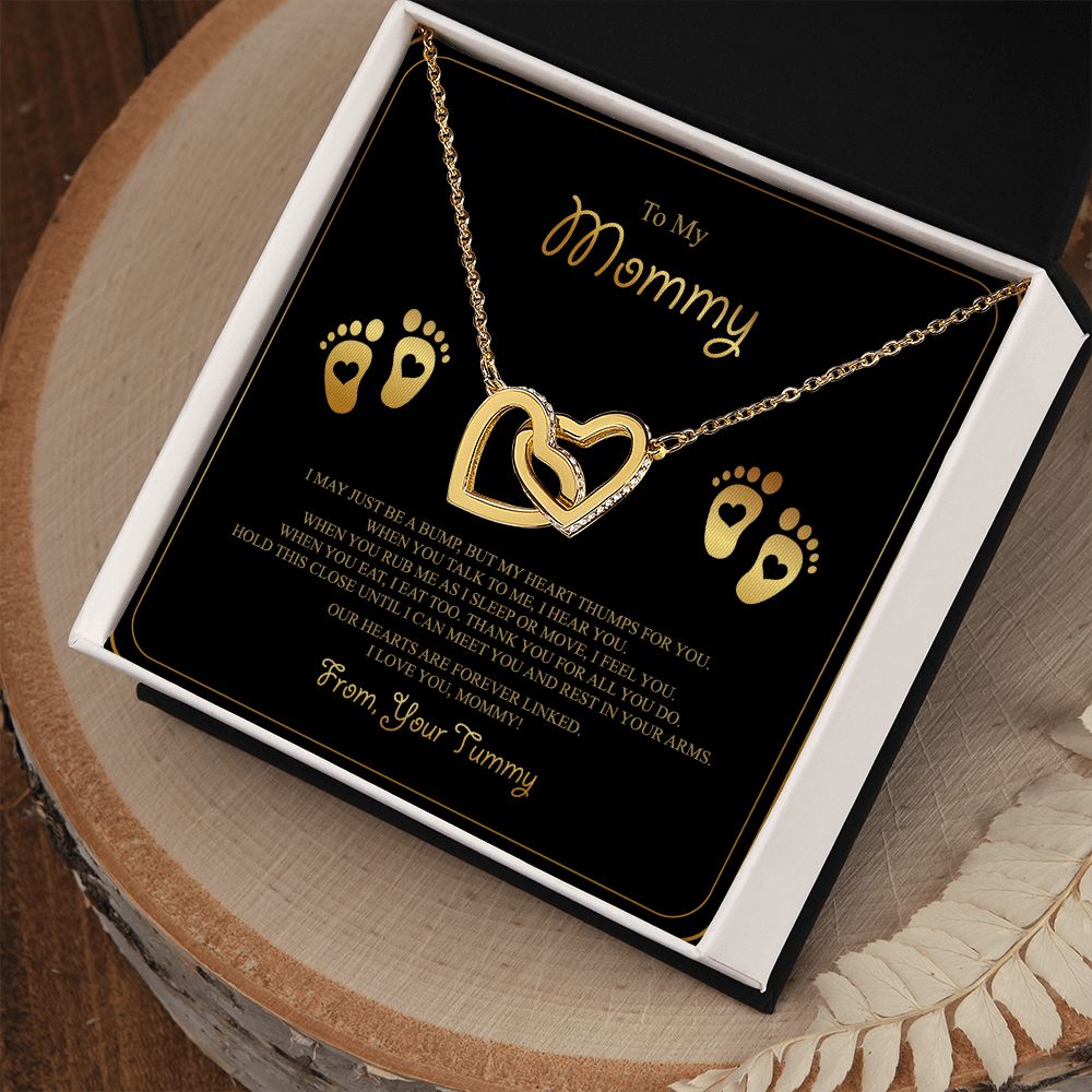 To My Mommy Interlocking Hearts Necklace - Baby Feet - From Tummy on Black&Gold Message Card- Gift for Expecting Mom