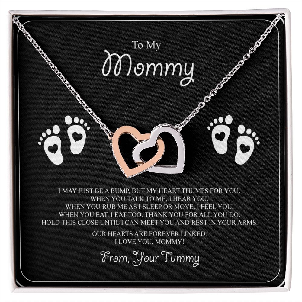 To My Mommy Interlocking Hearts Necklace - Baby Feet - From Tummy on Black&White Message Card- Gift for Expecting Mom