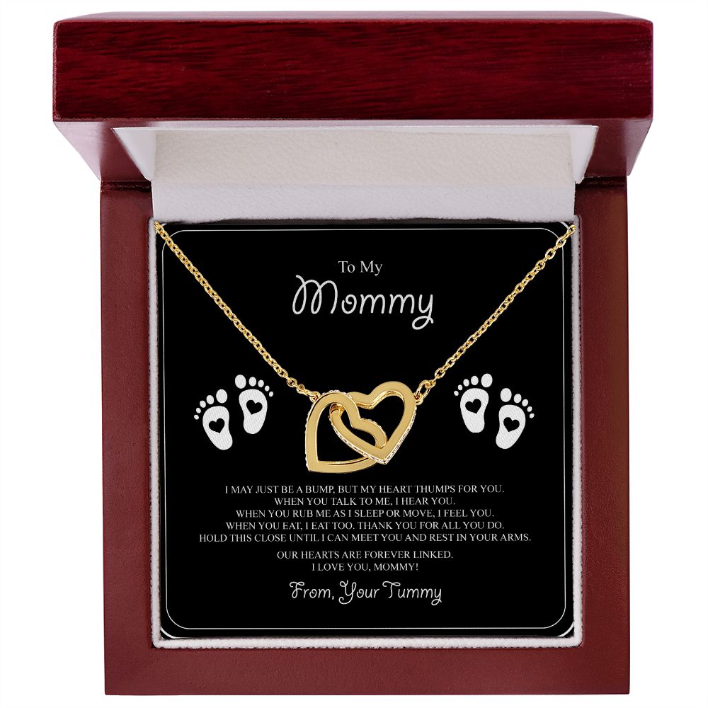 To My Mommy Interlocking Hearts Necklace - Baby Feet - From Tummy on Black&White Message Card- Gift for Expecting Mom