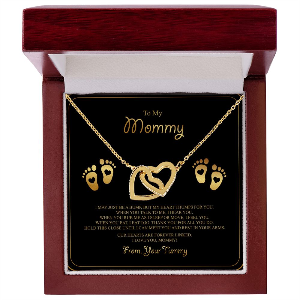 To My Mommy Interlocking Hearts Necklace - Baby Feet - From Tummy on Black&Gold Message Card- Gift for Expecting Mom
