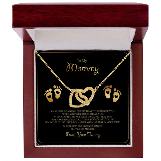 To My Mommy Interlocking Hearts Necklace - Baby Feet - From Tummy on Black&Gold Message Card- Gift for Expecting Mom