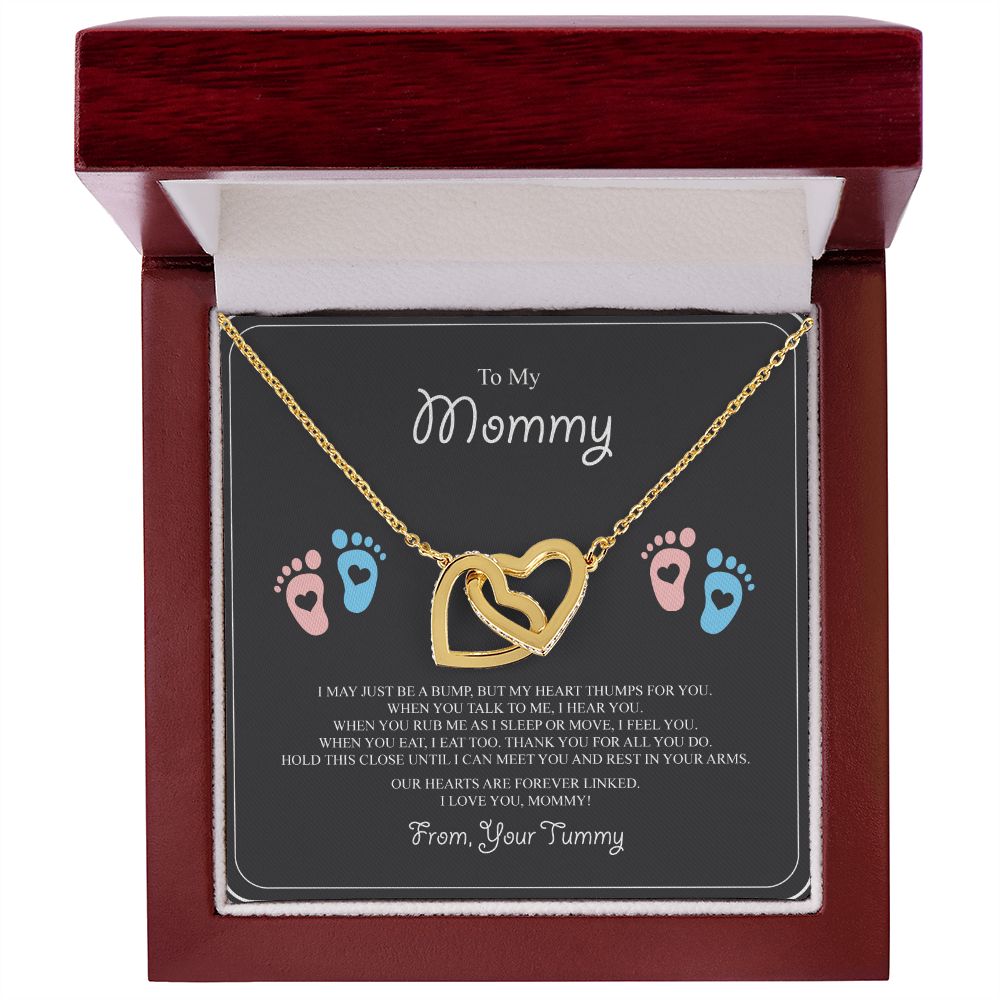 To My Mommy Interlocking Hearts Necklace - Pink and Blue Baby Feet - From Tummy - Gift for Expecting Mom