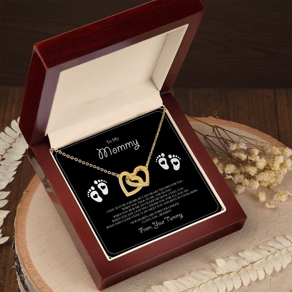 To My Mommy Interlocking Hearts Necklace - Baby Feet - From Tummy on Black&White Message Card- Gift for Expecting Mom