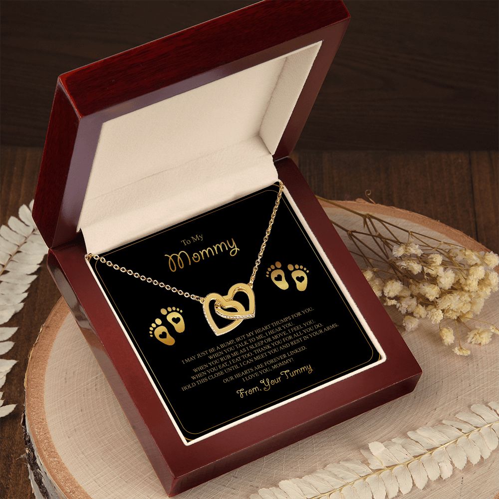 To My Mommy Interlocking Hearts Necklace - Baby Feet - From Tummy on Black&Gold Message Card- Gift for Expecting Mom
