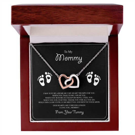 To My Mommy Interlocking Hearts Necklace - Baby Feet - From Tummy on Black&White Message Card- Gift for Expecting Mom