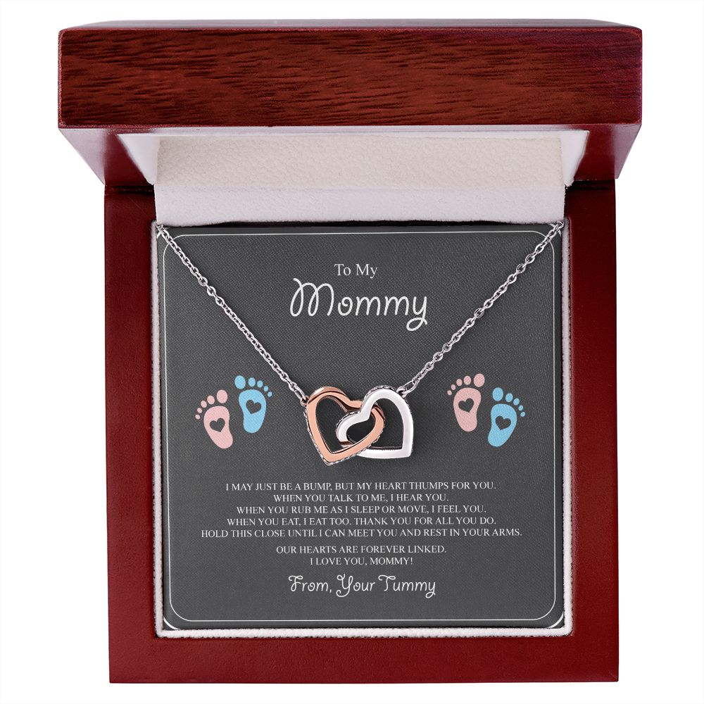 To My Mommy Interlocking Hearts Necklace - Pink and Blue Baby Feet - From Tummy - Gift for Expecting Mom