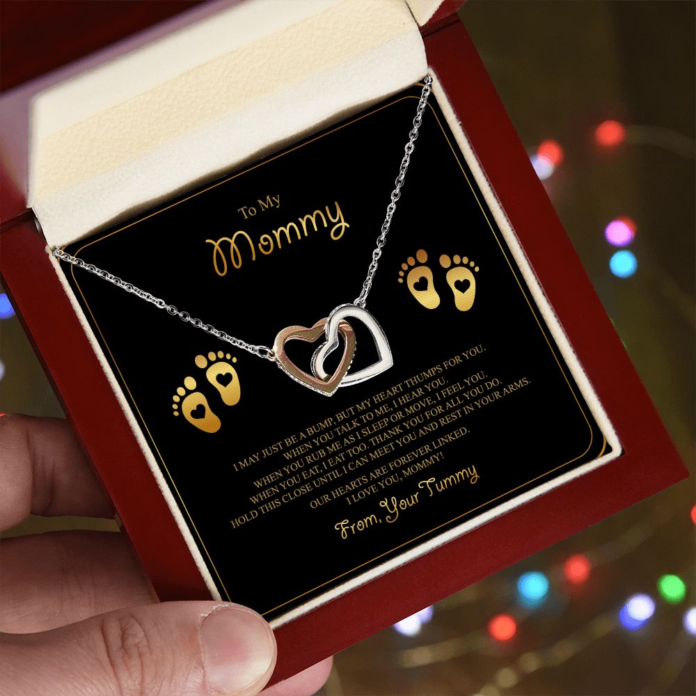 To My Mommy Interlocking Hearts Necklace - Baby Feet - From Tummy on Black&Gold Message Card- Gift for Expecting Mom