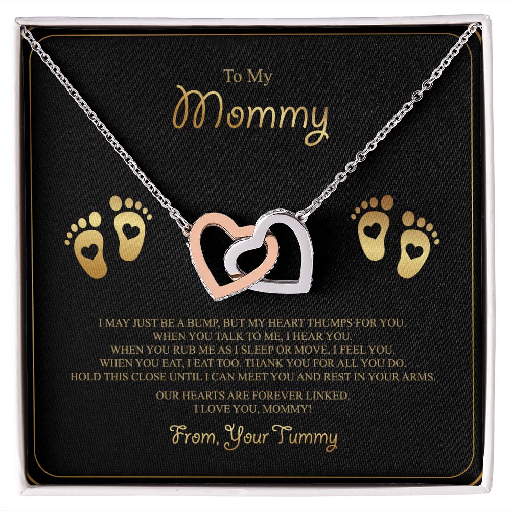 To My Mommy Interlocking Hearts Necklace - Baby Feet - From Tummy on Black&Gold Message Card- Gift for Expecting Mom