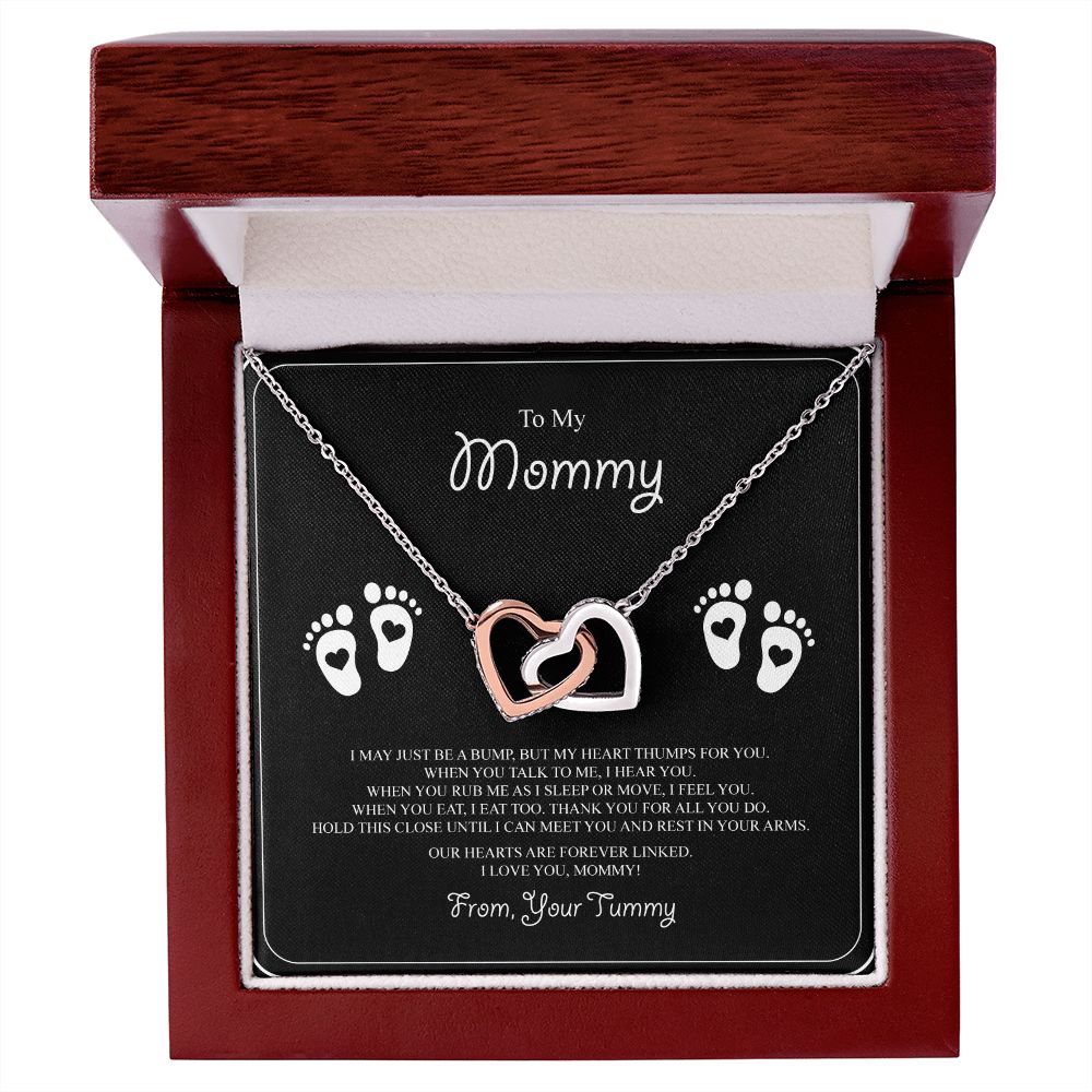 To My Mommy Interlocking Hearts Necklace - Baby Feet - From Tummy on Black&White Message Card- Gift for Expecting Mom