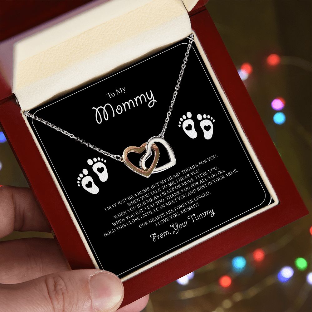 To My Mommy Interlocking Hearts Necklace - Baby Feet - From Tummy on Black&White Message Card- Gift for Expecting Mom