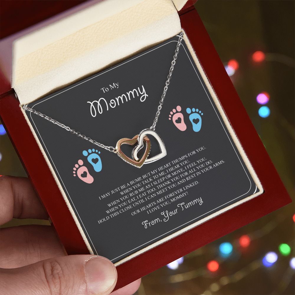 To My Mommy Interlocking Hearts Necklace - Pink and Blue Baby Feet - From Tummy - Gift for Expecting Mom